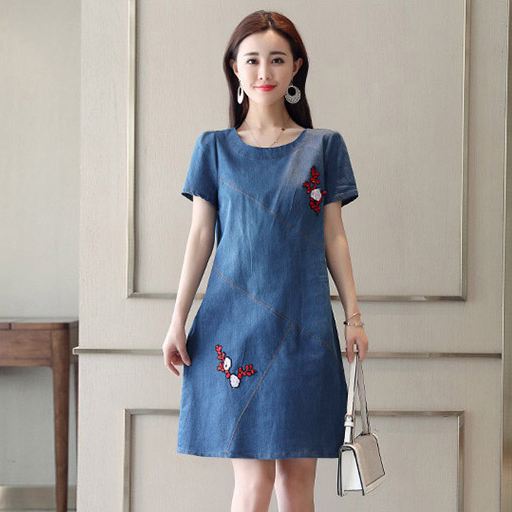 ĐÀM JEAN SUÔNG CỔ TRÒN THÊU HOA